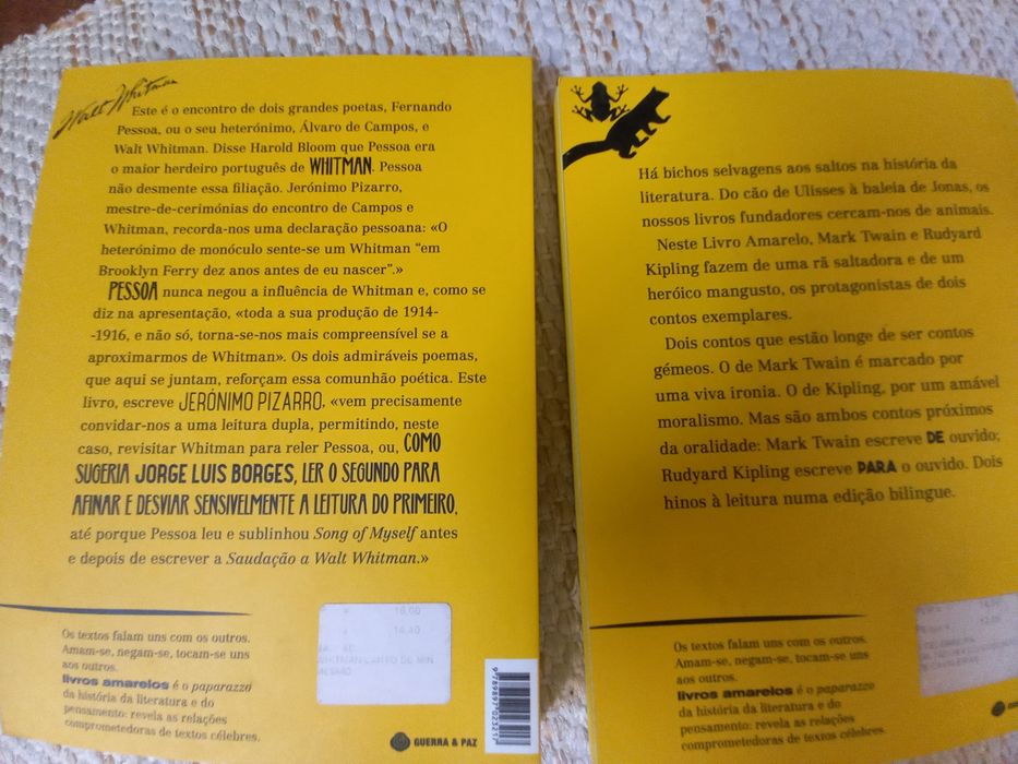 Três livros amarelos editora Guerra e Paz Pessoa Whitman Twain Kipling