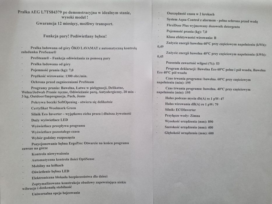 Pralka AEG L7TS84379 wysoki model funkcja pary podświetlany bęben