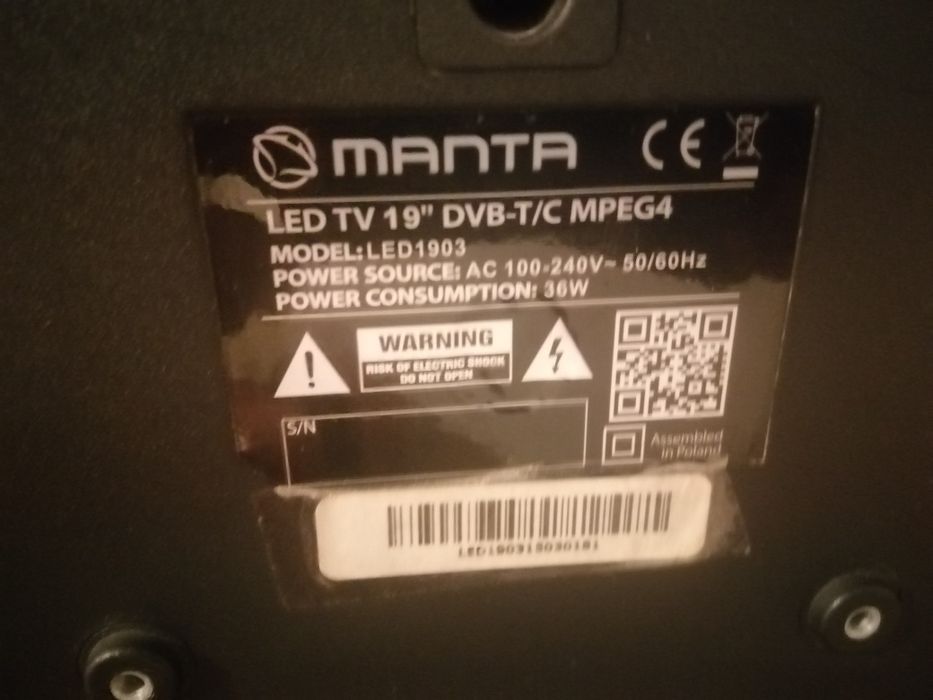 Telewizor Dvbt1 Manta 19cali + Dekoder Dvbt2+ przewód antenowy+ przewód hdmi