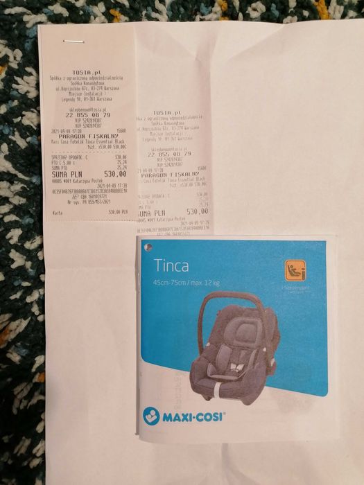 Fotelik, nosidło Maxi Cosi 0-13 Kg (5* ADAC) + otulacz + lusterko