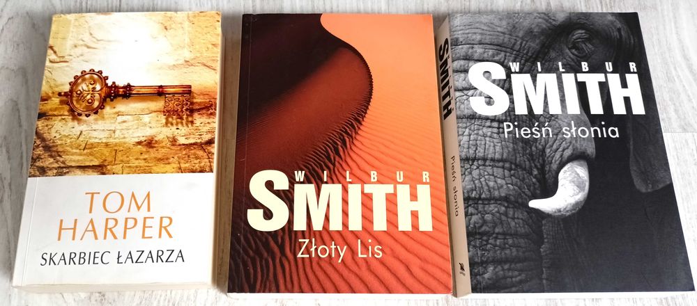 3x Wilbur Smith Złoty Lis + Pieśń Słonia + Tom Harper Skarbiec Łazarza