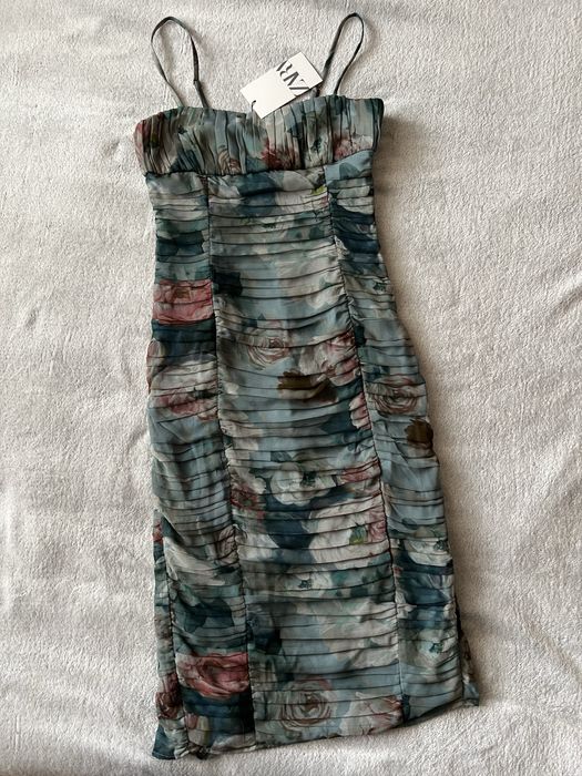 Сукня зара приталена святкова бірюзова у квітковий принт на бретельках