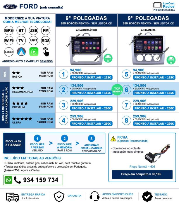 Auto Rádio ANDROID 15 - FORD FOCUS 9 Polegadas • GPS • BLUETOOTH • USB | CARPLAY • ANDROID AUTO