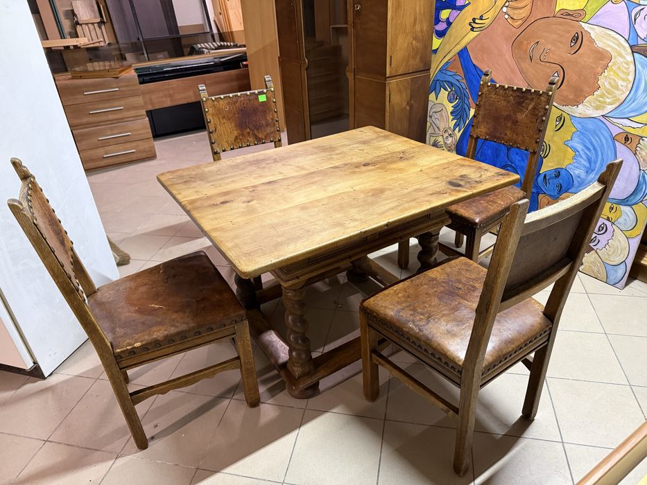 Solidny drewniany stół + 4 krzesła skórzane | DOWOZ DO DOMU