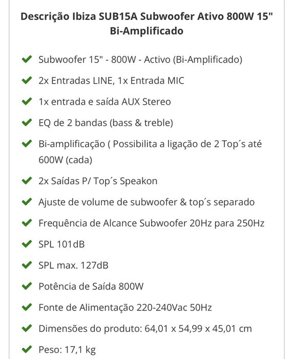Subwoofer ativo Ibiza 15” 800w Bi Amplificado disponivel 2 subs como novos
