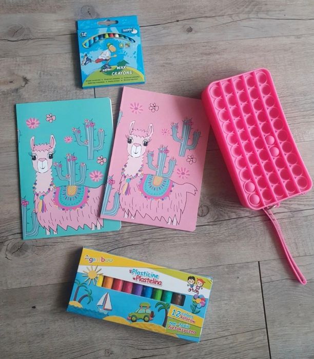 Zestaw przyborów szkolnych piórnik zeszyty kredki plastelina