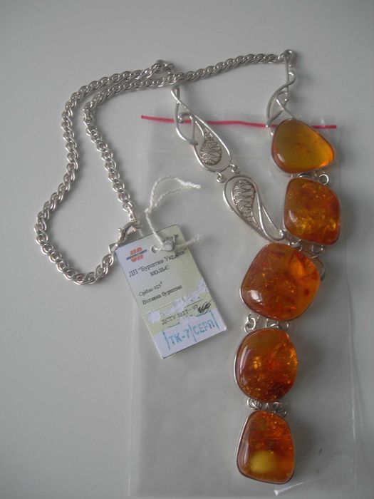Серебряное колье, янтарь, серебро 925, 58 грамм