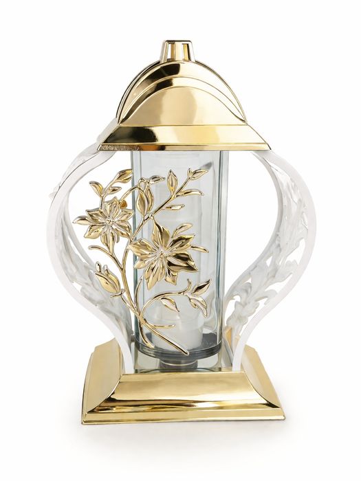 Nowoczesny znicz biało-złoty premium | Elegancki lampion z kwiatami