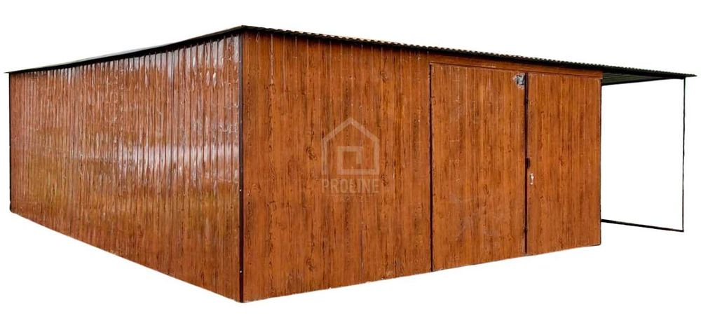 Garaż Blaszany 4,5X4,5 + Wiata 1,5X4,5 Spad Brama Drewnopodobn PLG224