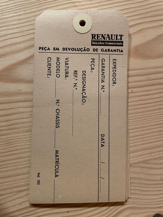 Etiqueta peça em devolução de garantia Renault