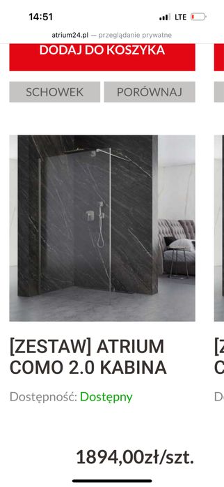 Kabina pryszniciwa/szyba zestaw ATRIUM Como 200x140 cm