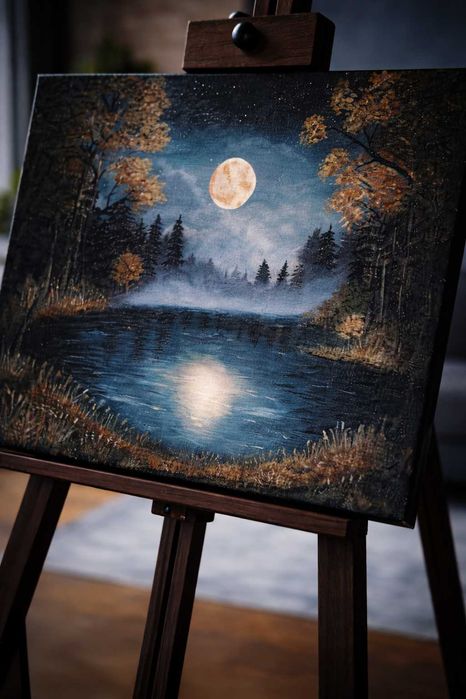Obraz Ręcznie Malowany na Płótnie 50x40cm Leśne Jezioro