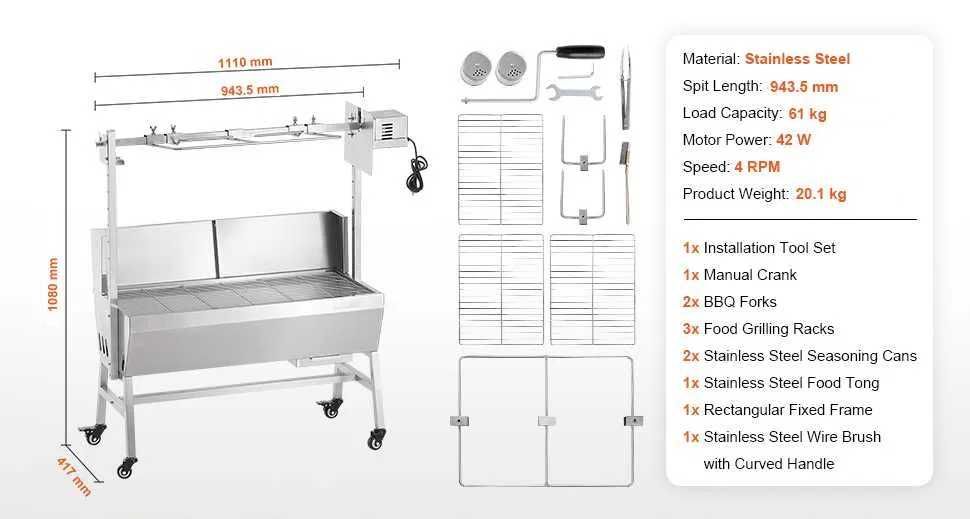 Grelhador Inox 65kg Assador Fogareiro Grelhador de pernil porco