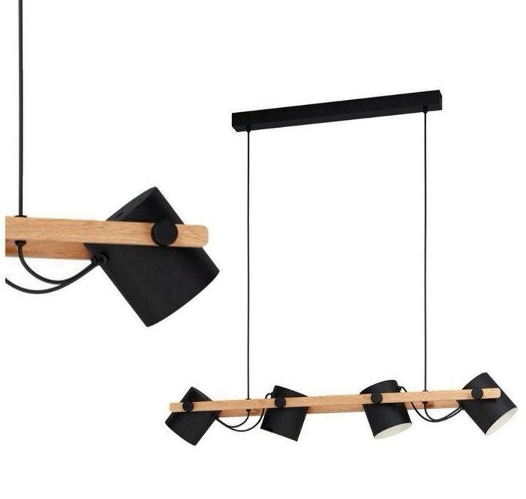 Lampa wisząca LOFT / Skandynawska – drewno i czarnalub biała , 4 punkty, Okazja ! 110 cm długości .