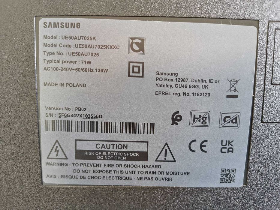 TV Samsung 50" 4K para peças – modelo UE50AU7025