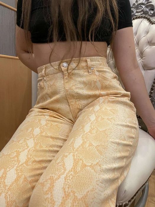 Spodnie dzwony wężowe żółte elastyczne wysoki stan vintage HIS s m