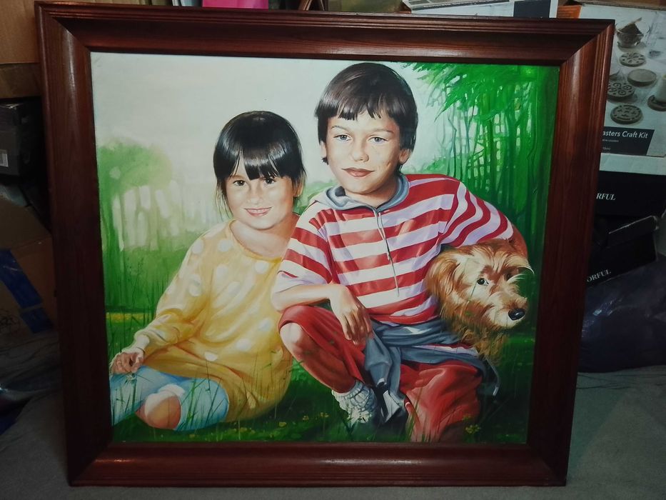 Obraz olejny. 3D. Dzieci, pies, natura. Barwny. Wyrazisty. 65x73 cm.