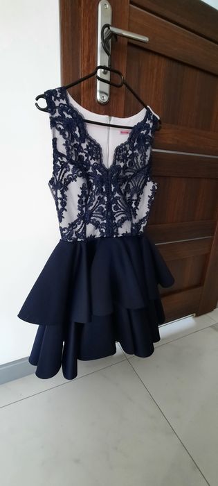 Sukienka granatowa 36, falbany wesele