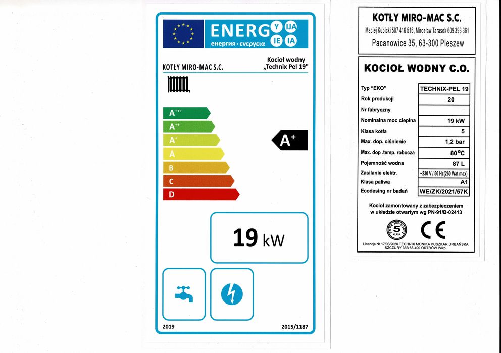 Piec CO  pellet  ekogroszek owies drewno kocioł kotły 19 kW  5 klasa