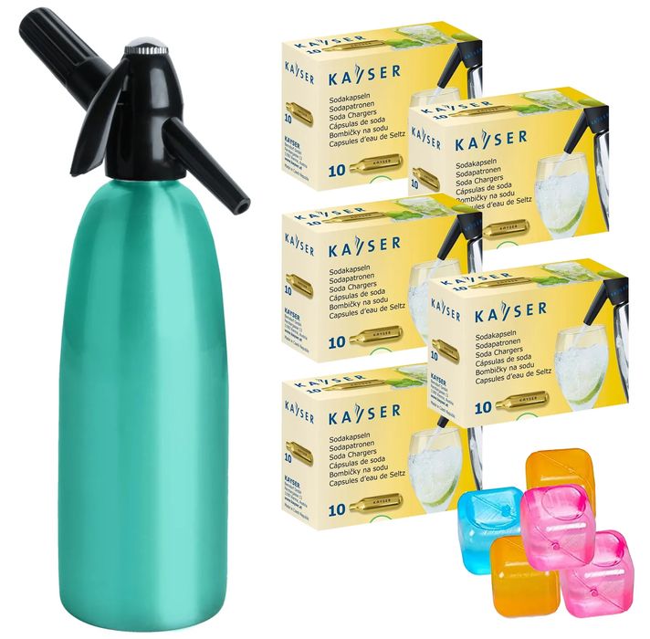 Saturator syfon do wody gazowanej miętowy 1L + 50 naboi + kostki