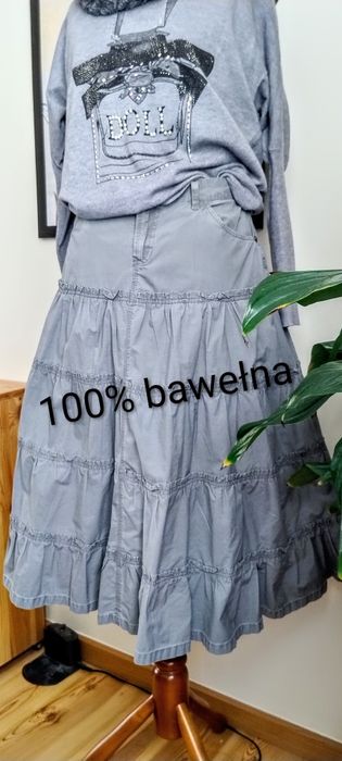 Szara, bawełniana spódnica maxi, falbanki, bawełna