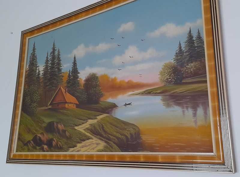 Stary OBRAZ pejzaż rzeka łódka 95,5 cm x 63 cm
