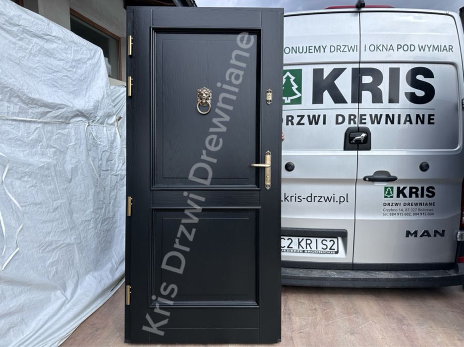 Drzwi zewnętrzne drewniane Z doświetlem czarne Czarne Na Wymiar Montaż