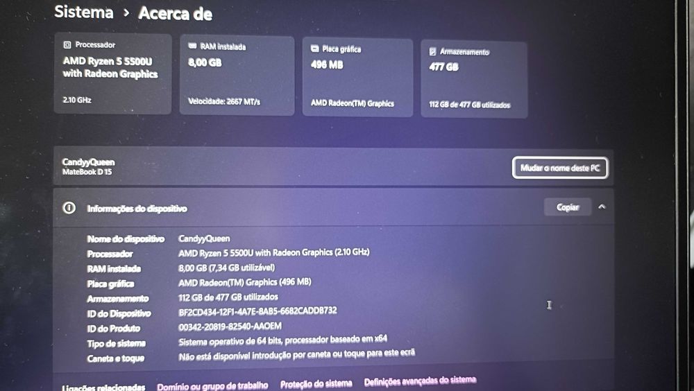 Huawei MateBook D 15 | Ryzen 5 5500U | 8GB RAM | SSD 512GB | Como Novo