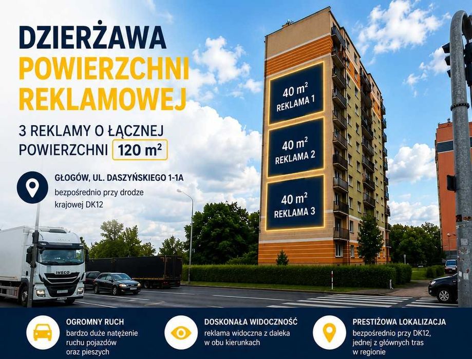 Dzierżawa powierzchni reklamowej 120 m² | Głogów DK12 | Top lokalizacja