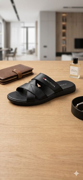 Hilfiger чоловічі шкіряні чорні літні шльопанці тапки мужские кожаные летние черные шлепанцы тапки тапочки кожа