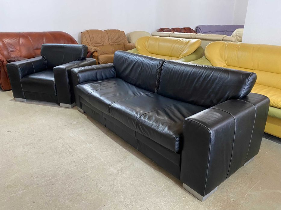 Шкіряний розкладний диван+крісло з натуральноі шкіри