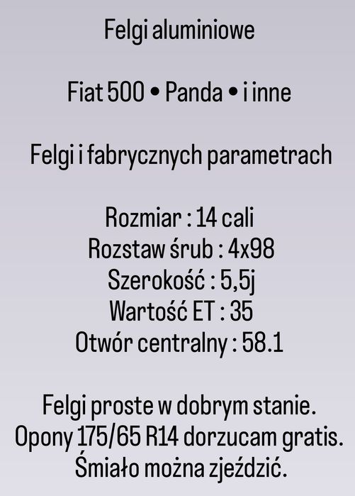 Felgi aluminiowe Fiat 500 Panda ET35 4x98 alufelgi