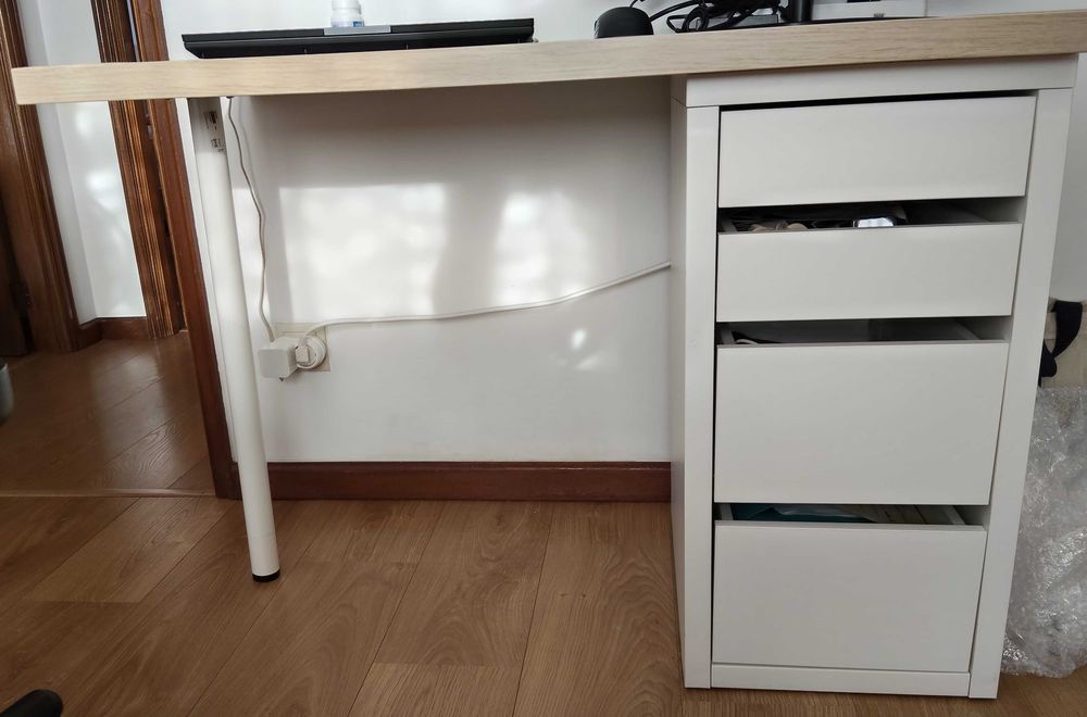 Bloco de gavetas, branco, 35x75 cm + Tampo, velatura branca efeito carvalho, 100x60 cm