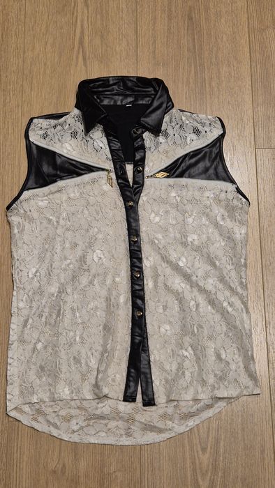 Koronkowa czarno-biała koszula XL bez rękawów