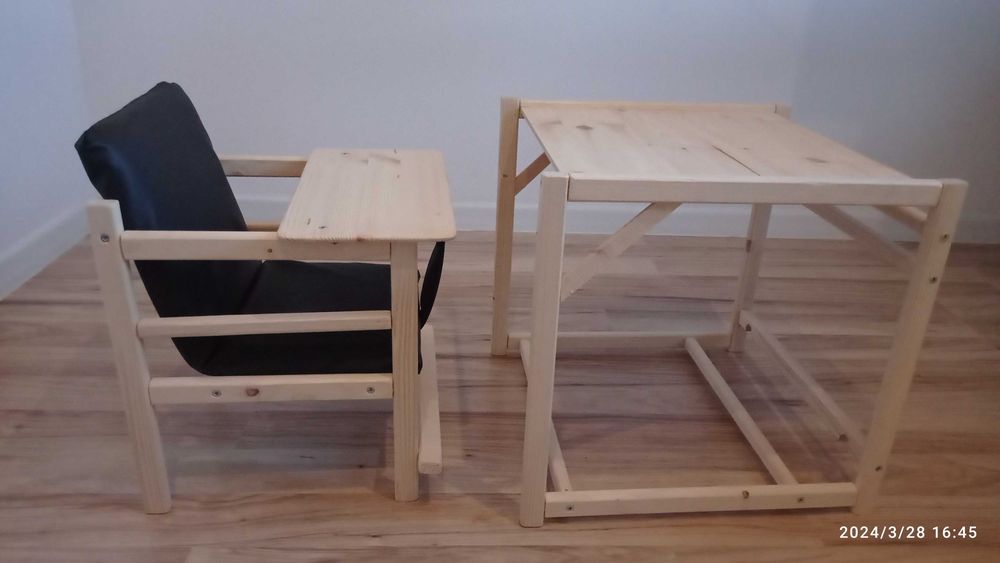 Zaimpregnowany Drewniany stolik i krzesełko do karmienia 2w1 Handmade,