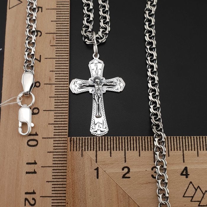 Срібна цепочка з хрестиком чоловіча 925 проби на шию ланцюжок Бісмарк