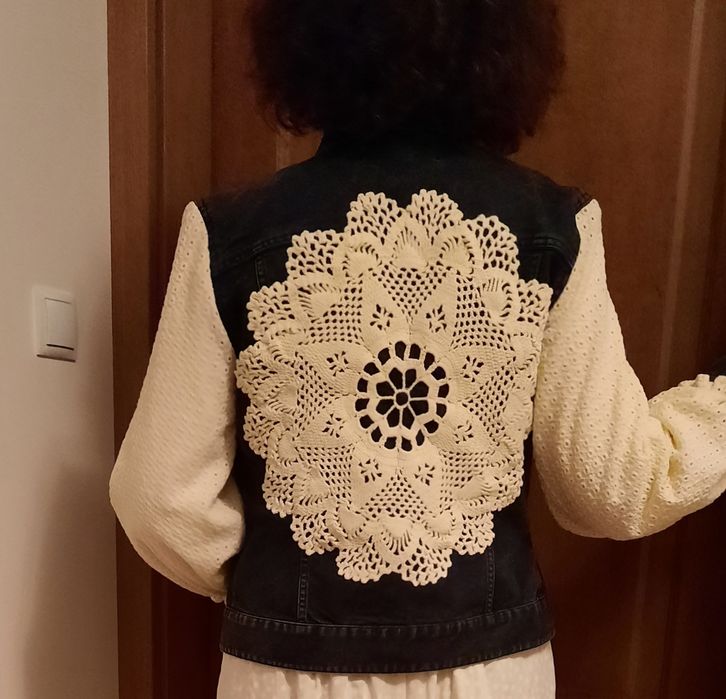 Kurtka jeansowa z koronkami w kolorze butter yellow handmade # upcycli