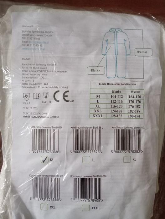 Kombinezon barierowy ochronny malarski bionit 68 Biovalley rozmiar M