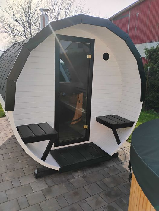 Sauna ogrodowa beczka kompletna z oknem panoramicznym + GRATISY
