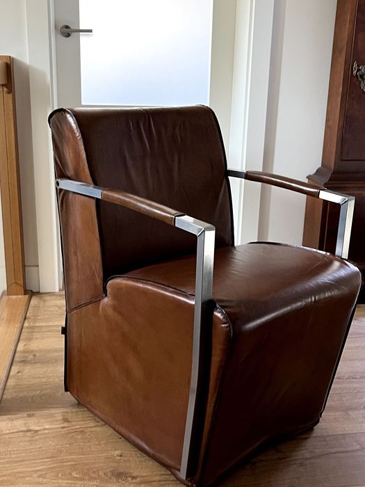 Fotel industrialny do stołu salonu biurowy Krzesło Skóra Metal Retro