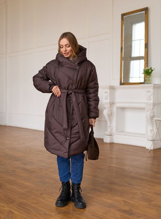 Куртка зимова жіноча для вагітних шоколадний  Пальто довге з капюшоном