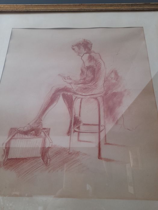 Stary rysunek kredką w oprawie