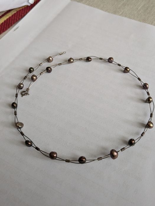 Naszyjnik srebro i perły brązowe