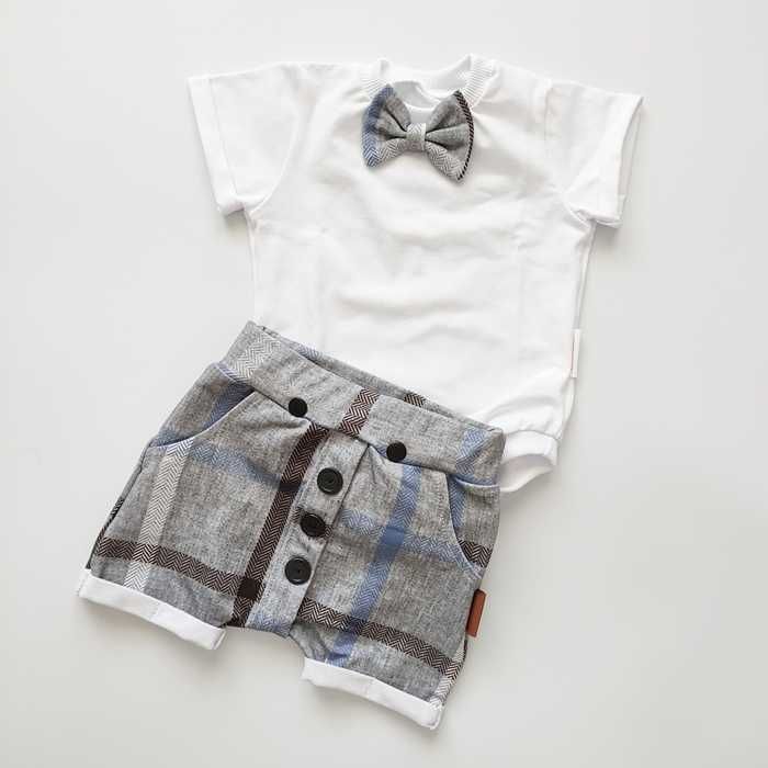 Elegancki szary KOMPLET szorty body, letni garnitur niebieska krata 74