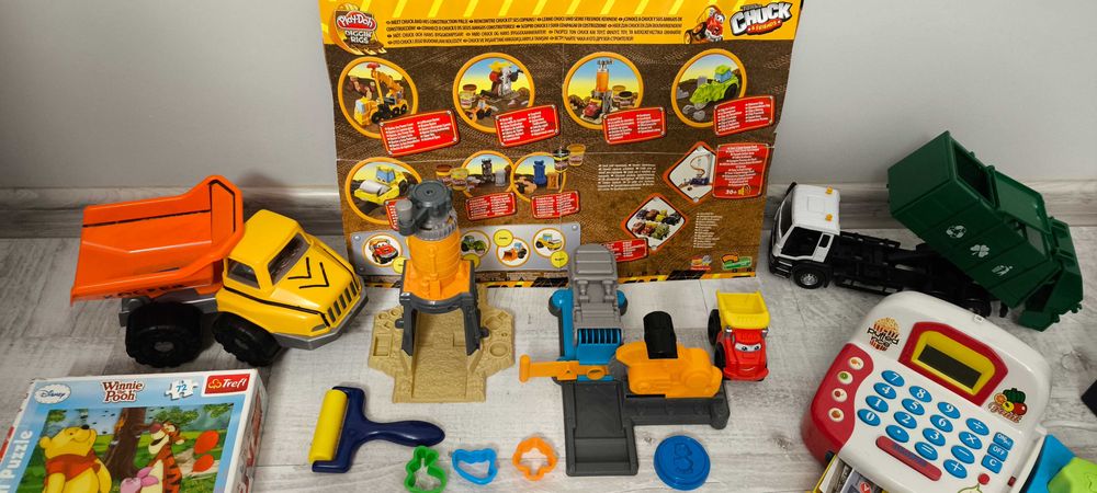 Zestaw Play-Doh, ŚMIECIARKA, PUZZLE 3D Wieża Eiffla, Kasa Fiskalna.
