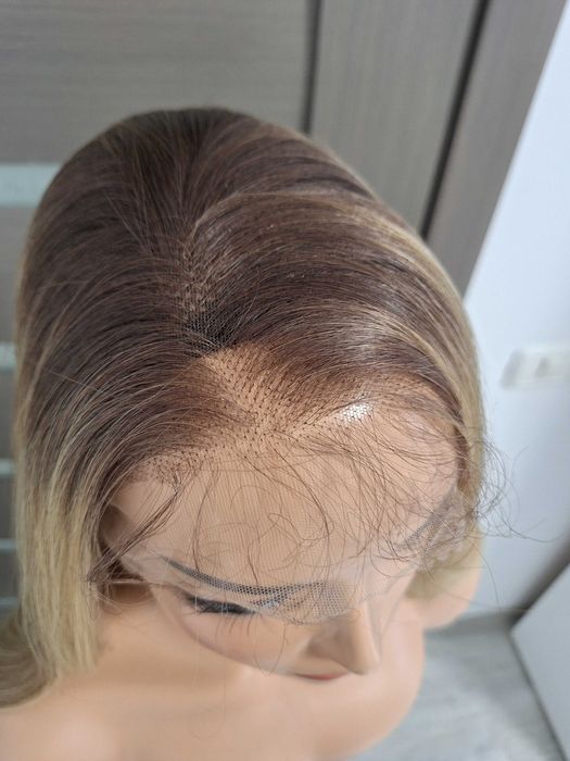 Peruca longa cacheada loira Shatush com renda