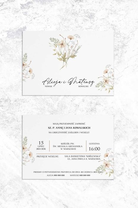 ZAPROSZENIA ślubne botaniczne, polne kwiaty