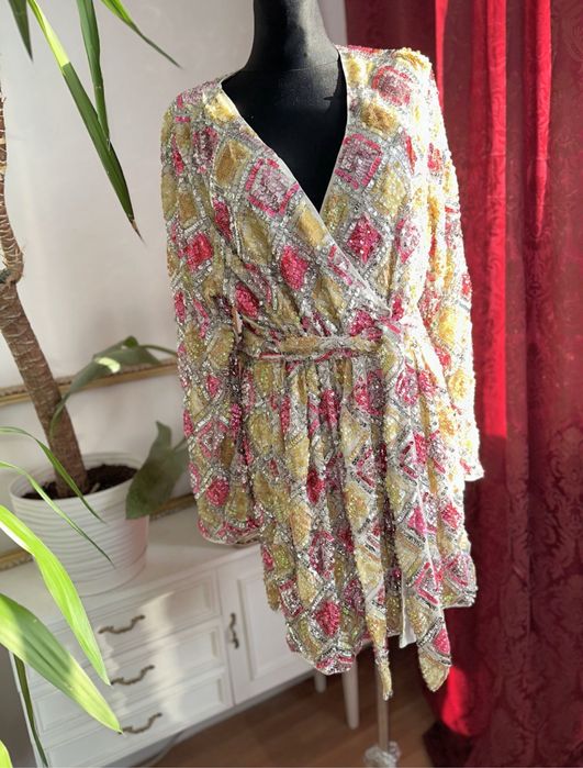 Asos cekinowa sukienka mini kopertowa 42 xl 40 L rochie