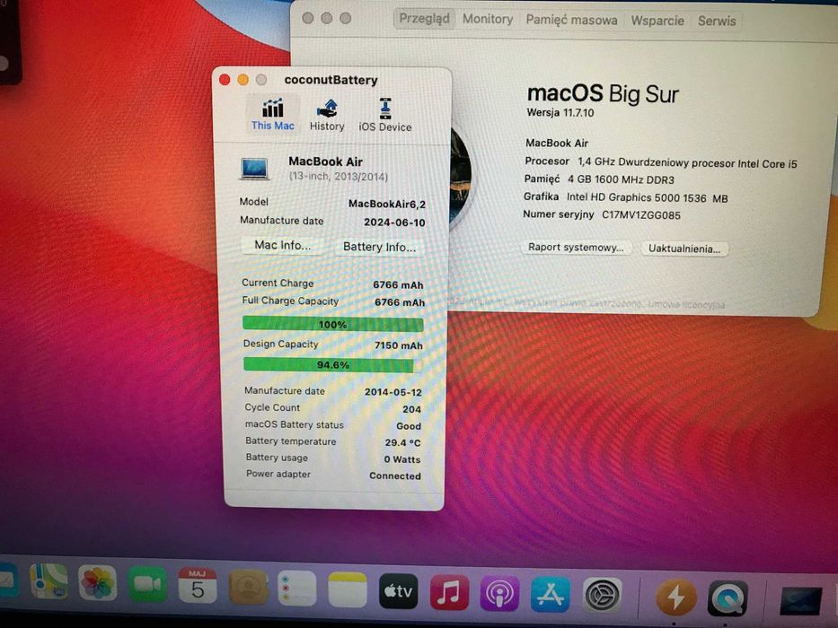 Apple Macbook AIR A1466 i5 4 GB/128 GB 2014 komplet szkoła bat. bdb