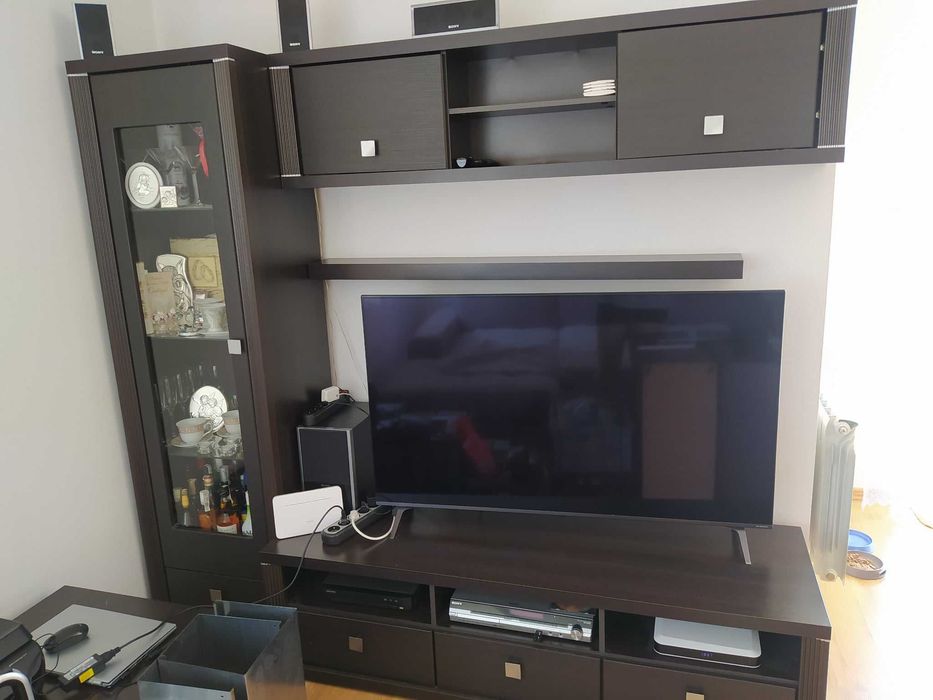 Zestaw mebli do salonu Forte Orchid witryna półka RTV stolik ława półka dąb czekoladowy wenge ze srebrnymi wstawkami